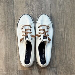 Sperry Off-White Canvas Shoes with Brown Laces